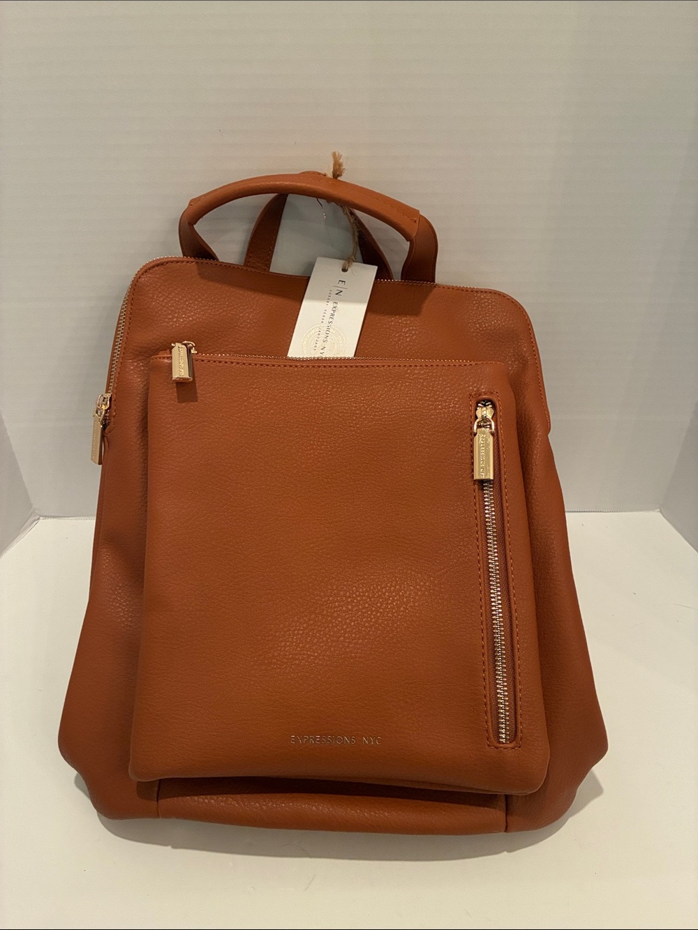 Expressions NYC Cognac Leather Backpack with Gold Hardware